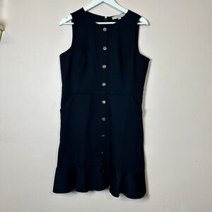 LOFT Navy Blue‎ Sleeveless Flounce Hem Button Front Pocket Shift Dress 12P